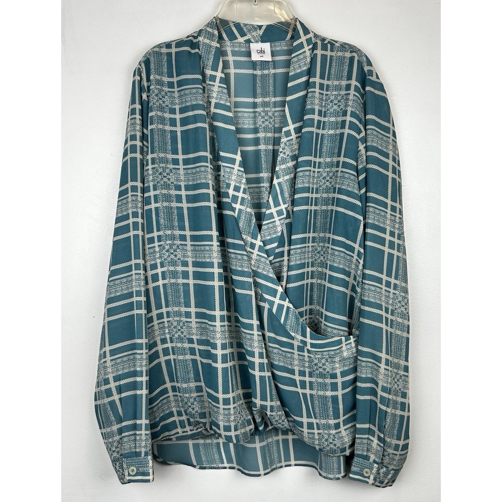 Cabi Top Womens M Aqua Windowpane Crossover Drape Office Career  Work Wear  3088